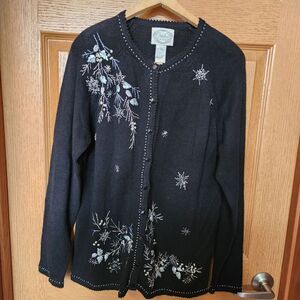 Stitches In Time Black Sweater Cardigan Size L Beading & Embroidered Cottagecore